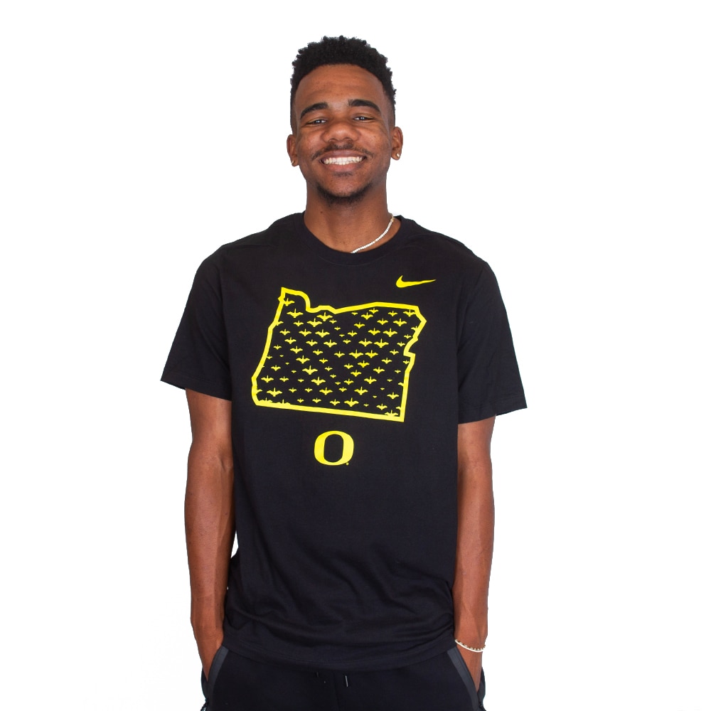 Black Nike Cotton Core 24 Yellow Outline of Oregon Flying Duck T Shirt